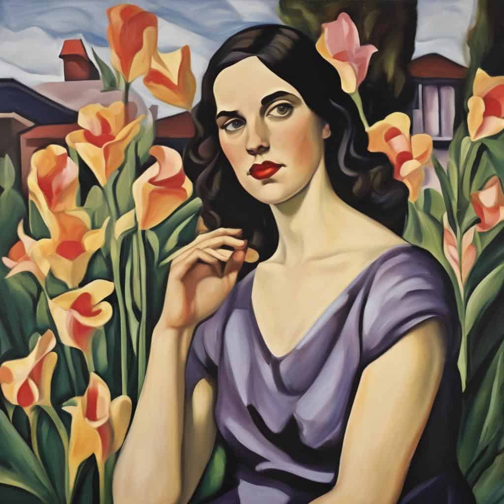 Χαρακτηριστική αφίσα με γυναικεία μορφή και λουλούδια, εκφραστική εικαστική δημιουργία, τέχνη και ερμηνεία εικόνας.