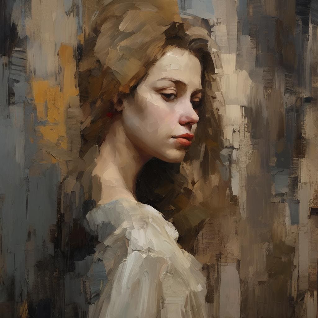 Απομίμηση πορτρέτου με εφέ ζωγραφικής, προσωπογραφία γυναίκας, εμπειρία ερμηνείας εικόνας, τέχνη και αισθητική, δημιουργική απεικόνιση.