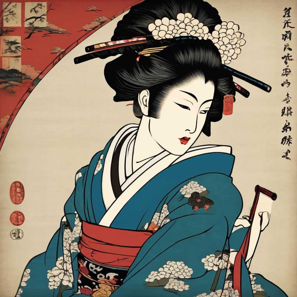 Παραδοσιακή ιαπωνική γυμνή γυναίκα σε έργο τέχνης Ukiyo-e, με κομψή ενδυμασία και ρέουσα χειρονομία.