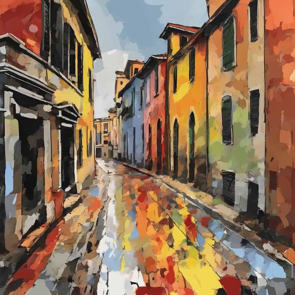 Γραφική εικόνα με πολύχρωμα κτίρια σε παραδοσιακό σοκάκι, δημιουργώντας μια εμπειρία ερμηνείας της πόλης.