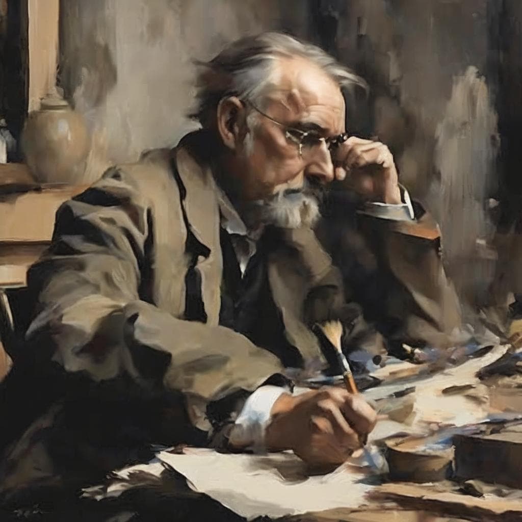 Καλλιτεχνική εικόνα ενός ηλικιωμένου ζωγράφου που εμβαθύνει στην ερμηνεία της τέχνης.
