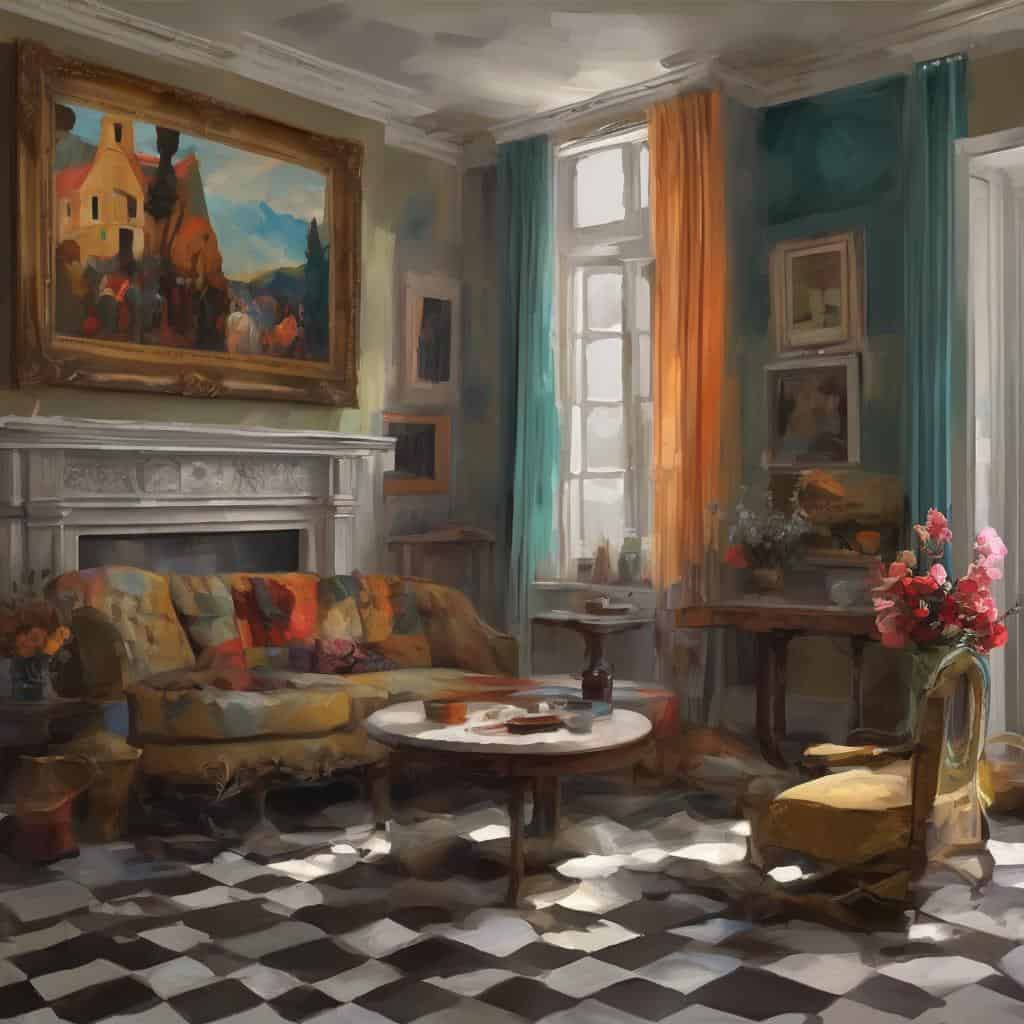Ζωγραφική εσωτερικού χώρου με πολυτελές διακόσμηση και τέχνη, φωτισμός και έπιπλα, δημιουργώντας μια ζεστή ατμόσφαιρα.