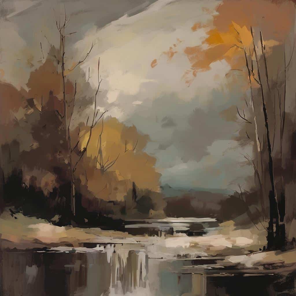 Βρώμικο τοπίο με καφετιά δέντρα και ήρεμο ποτάμι, σε θερμές αποχρώσεις φθινοπώρου.