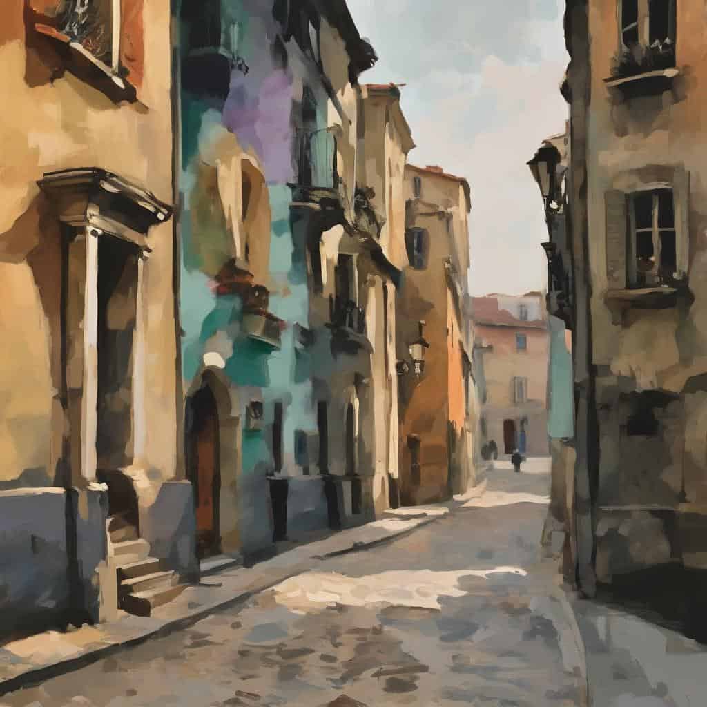 παλαιά ερειπωμένη γειτονιά με γραφική αρχιτεκτονική και στριμωγμένα κτίρια, ρεαλιστικό αστικό τοπίο, τέχνη ζωγραφικής σε παλιό κέντρο πόλης, μεσαιωνική ατμόσφαιρα, εικαστική ερμηνεία εικόνας.